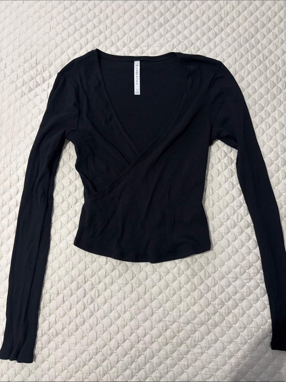 Fabletics Black Ribbed Wrap-Front Long Sleeve Top